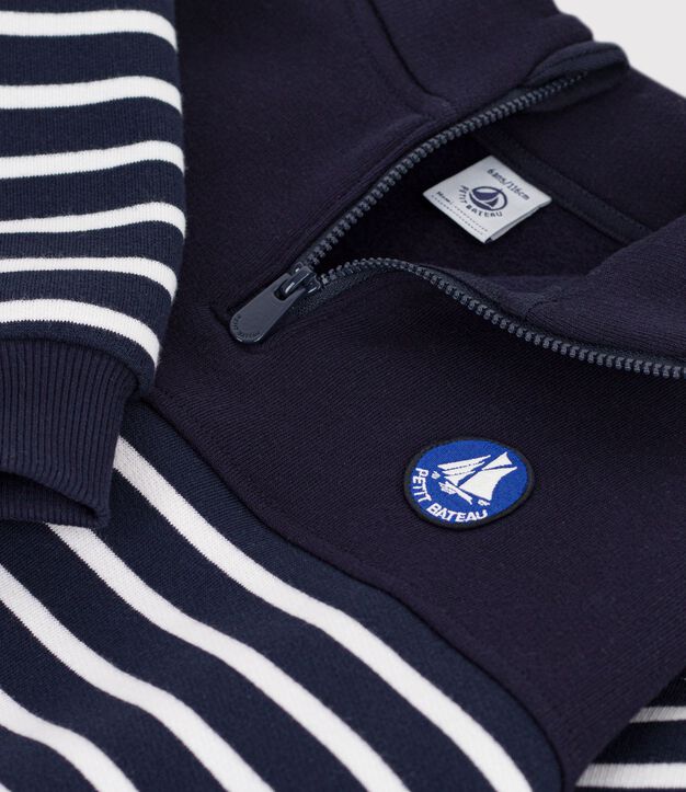 Children's stripy shawl collared cotton sweatshirt blue/white