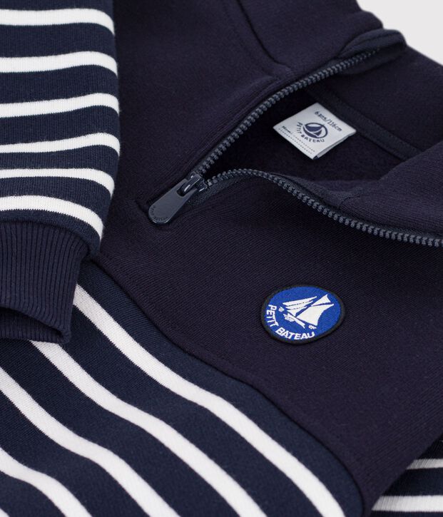 Children's stripy shawl collared cotton sweatshirt blue/white