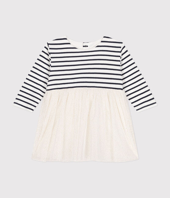 Babies' dress in stripy tube knit and tulle MARSHMALLOW white/MULTICO white