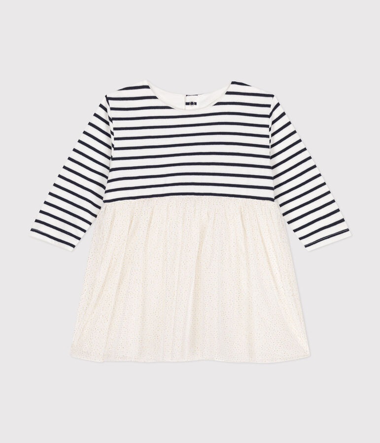 Babies' dress in stripy tube knit and tulle white/multicolor