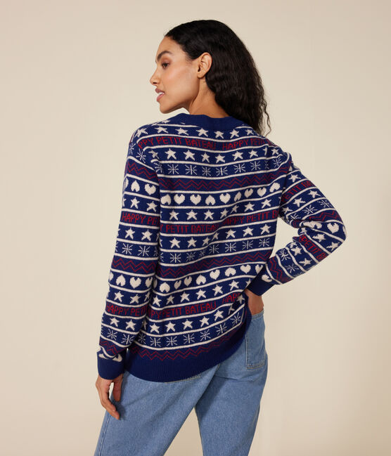 Women's wool and cotton jacquard jumper MEDIEVAL blue/MULTICO white