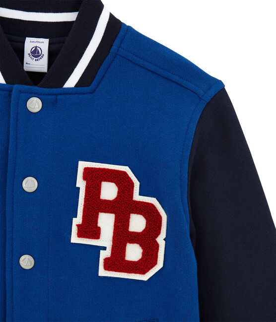Boy's varsity jacket in lined cotton sweatshirt LIMOGES blue/SMOKING blue