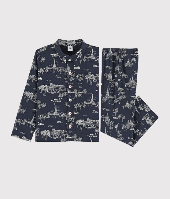 Boys' Paris print cotton pyjamas MEDIEVAL blue/ECUME white