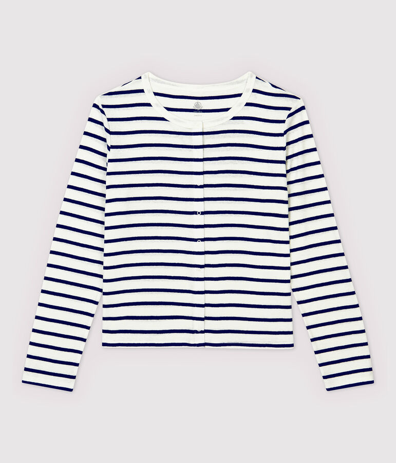 Women's Striped Linen and Cotton Blend Cardigan MARSHMALLOW white/MEDIEVAL blue
