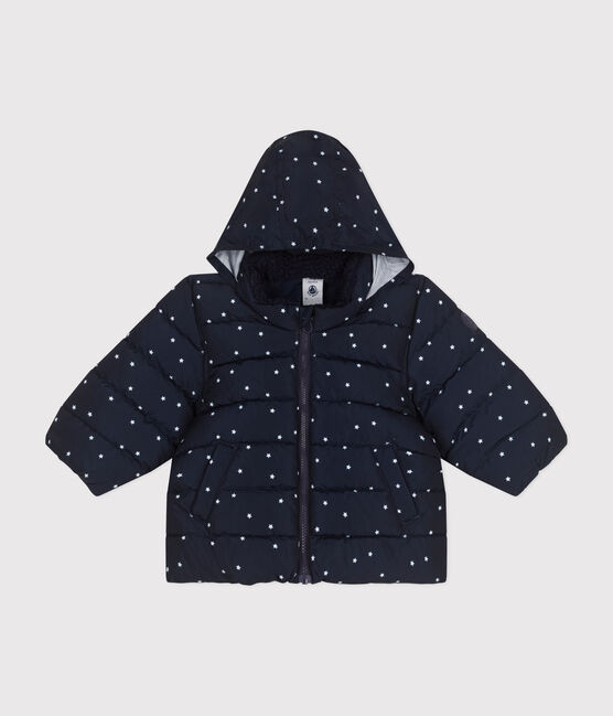 Babies' printed puffer jacket with a retractable hood SMOKING blue/MARSHMALLOW white