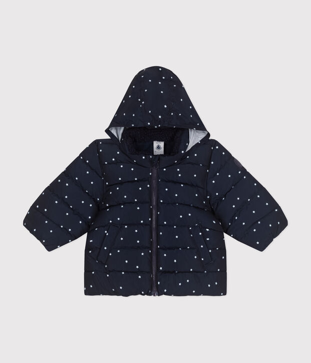 Babies' printed puffer jacket with a retractable hood blue/white