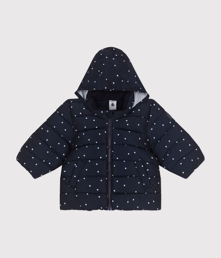 Babies' printed puffer jacket with a retractable hood SMOKING blue/MARSHMALLOW white