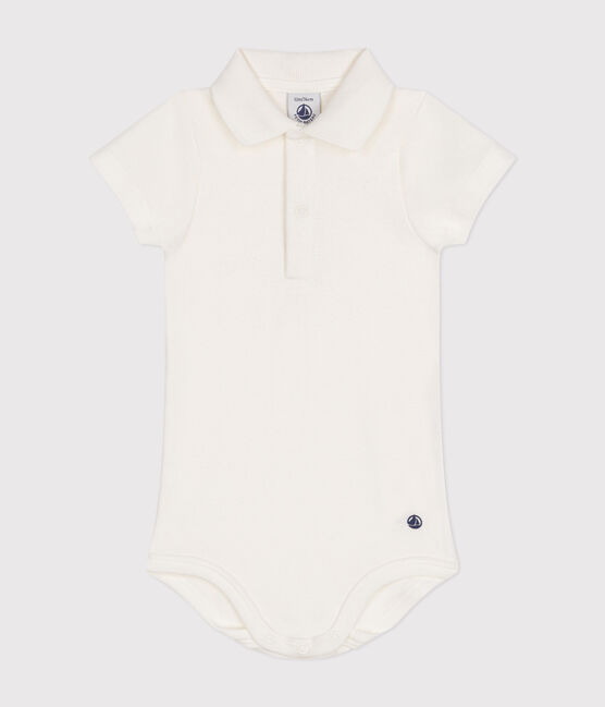 Babies' Short-Sleeved Cotton Bodysuit with Polo Shirt Collar MARSHMALLOW white