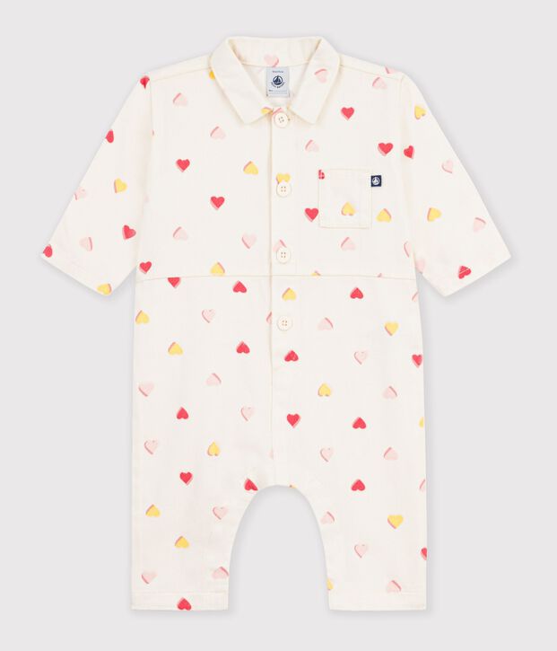 Babies' long jumpsuit in cotton with a heart print Ecru/multicolor