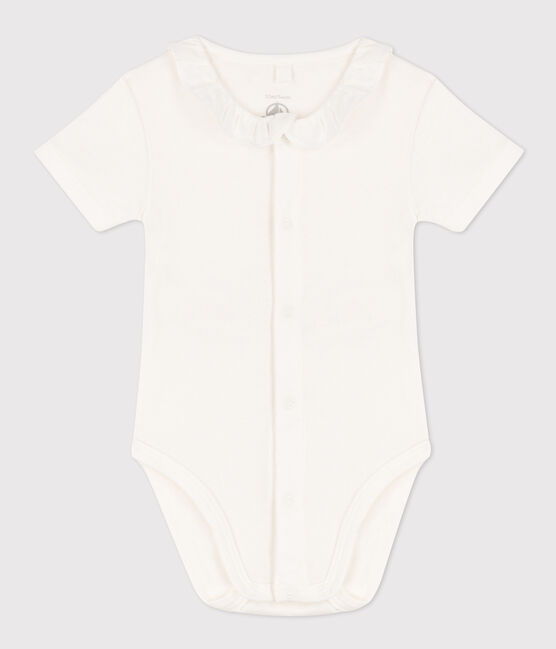Babies' Short-Sleeved Cotton Bodysuit with Collar MARSHMALLOW white