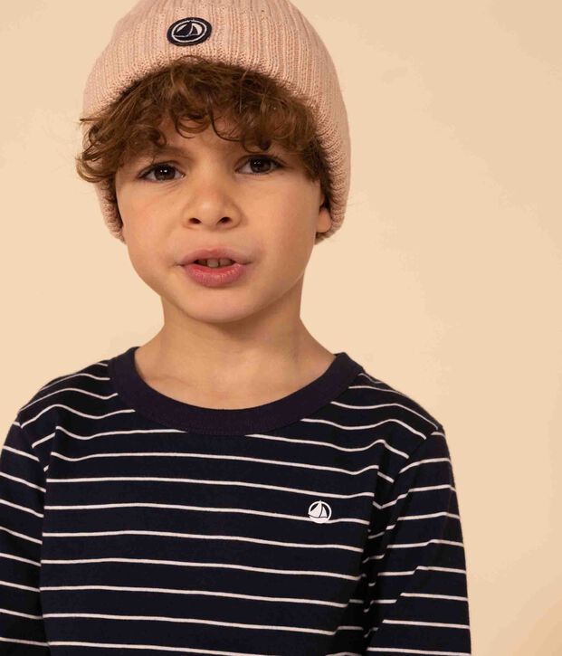 Boys' long-sleeved cotton T-shirt blue/white