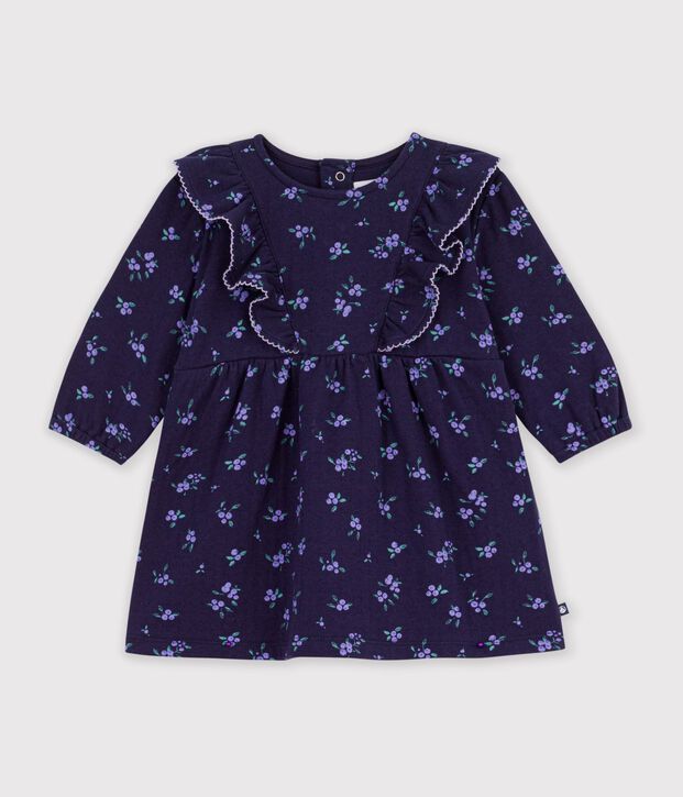 Babies' long sleeved floral-print cotton dress blue/multicolor