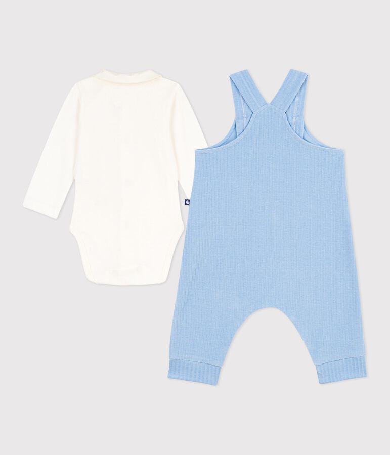 Babies' dungarees/body set in plain cotton with embroidered details blue/ecru