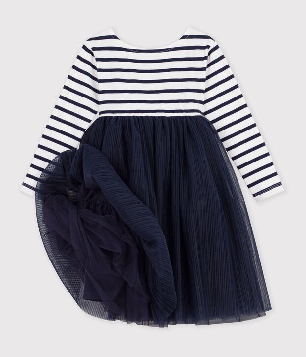 Children's long-sleeved stripy cotton and tulle dress white/blue