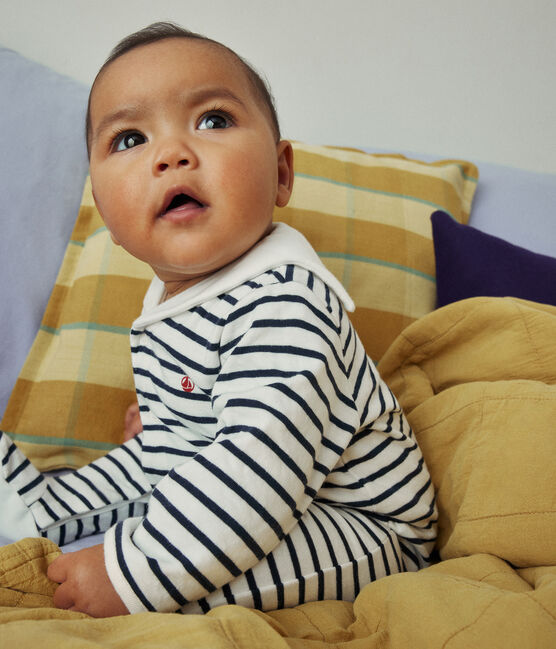 Babies' tube-knit pyjamas MARSHMALLOW white/SMOKING blue