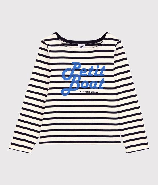 Girls' Cotton Breton Top MARSHMALLOW white/SMOKING blue