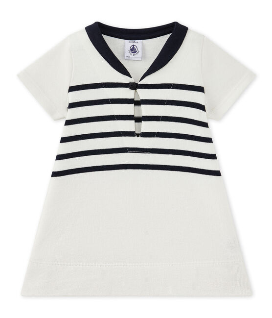 Baby girl's heavyweight jersey dress MARSHMALLOW white/SMOKING blue