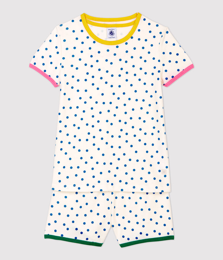 Girls' Blue Spotted Cotton Short Pyjamas white/blue