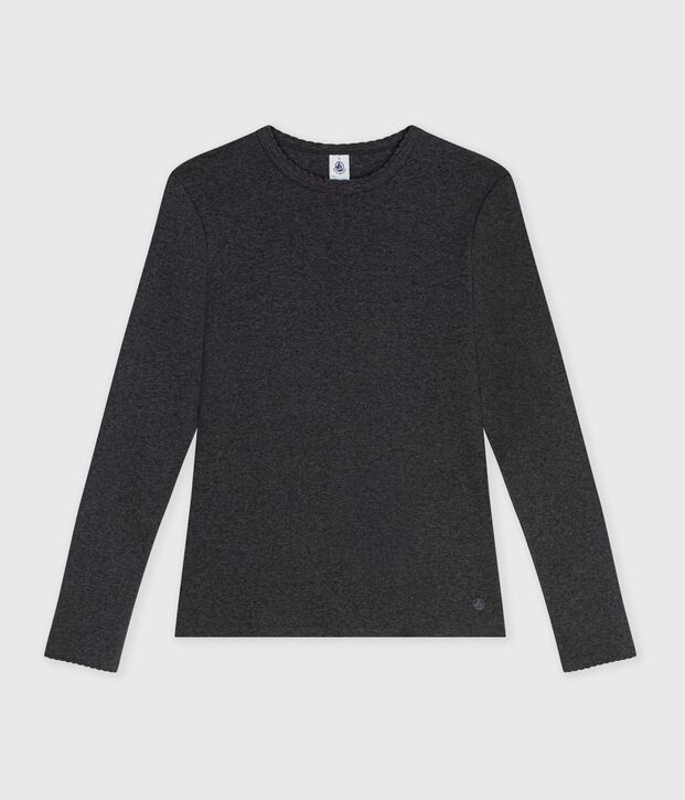 Women's long-sleeved cotton T-shirt with cocotte stitch detailing grey