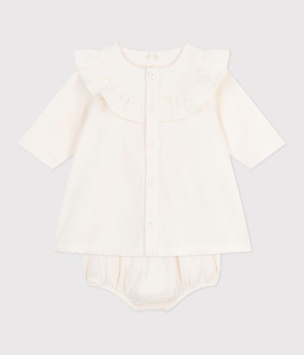 Babies' embroidered corduroy sprecial occasion dress and bloomers MILK