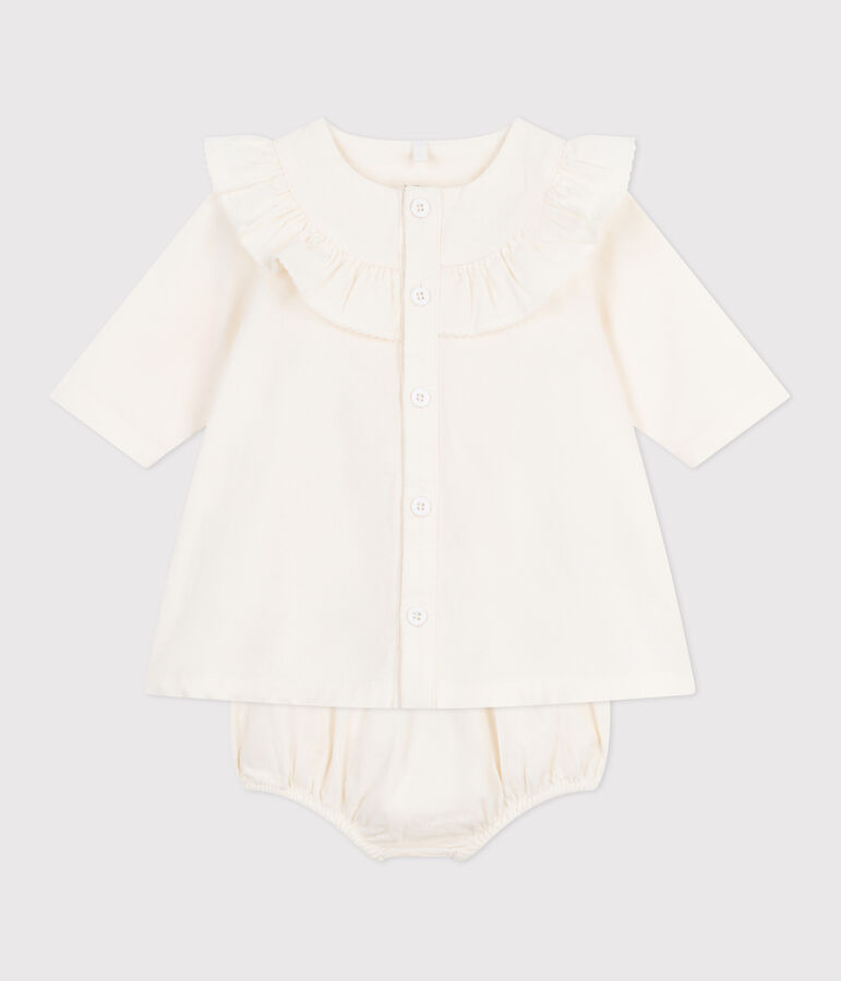 Babies' embroidered corduroy sprecial occasion dress and bloomers Ecru