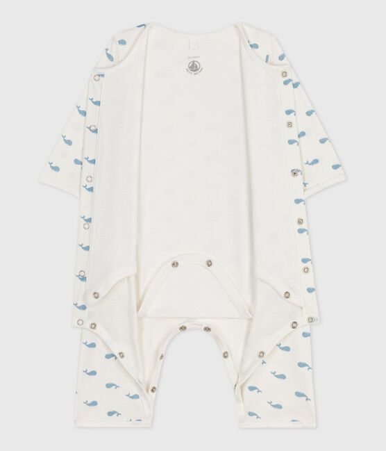 Babies' footless whale-print cotton bodyjama MARSHMALLOW /ADRIATIC
