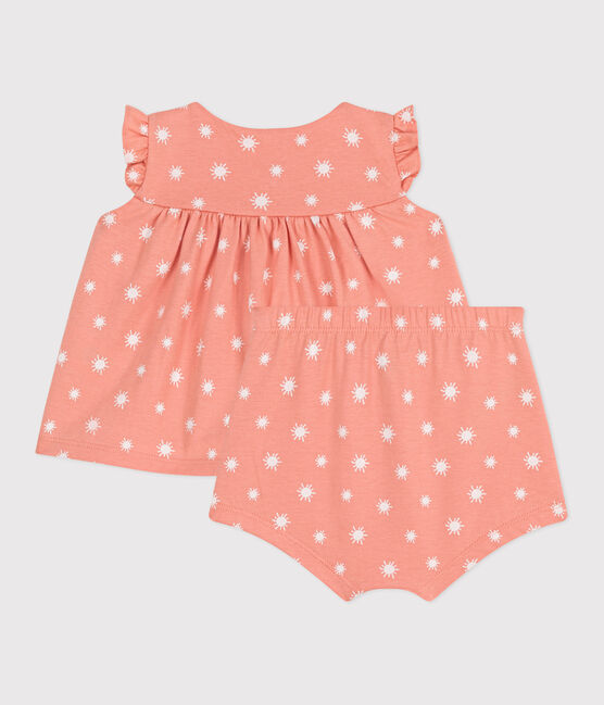 Newborn babies' two-piece sun print cotton set ABRICOT orange/MARSHMALLOW