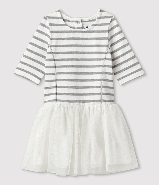 Girls' Short-Sleeved Dress MARSHMALLOW white/ARGENT grey