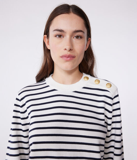 Women's striped cotton sailor-striped jumper MARSHMALLOW white/SMOKING blue