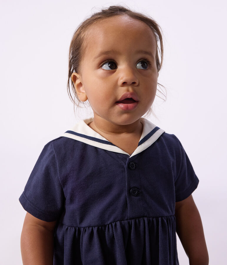 Babies' short-sleeved plain cotton dress with a sailor collar blue