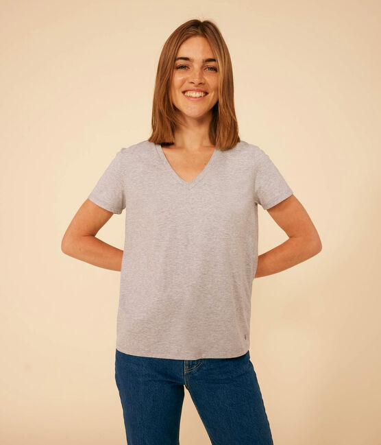 Women's Straight V-Neck Cotton T-Shirt CHATON CHINE grey