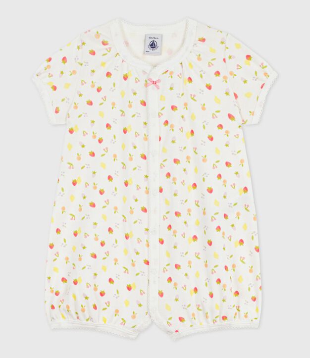 Babies' short fruit print cotton jumpsuit white/pink