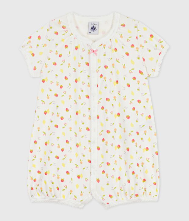 Babies' short fruit print cotton jumpsuit white/pink