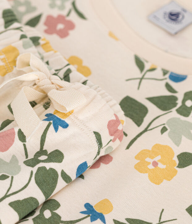 Women's Floral-pattern Cotton Pyjama Shorts and T-shirt Ecru/multicolor