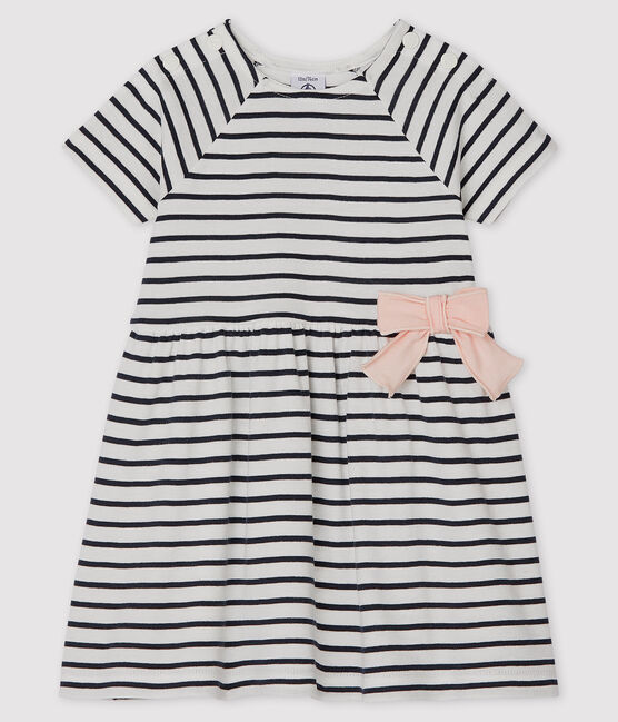 Baby Girls' Striped Short-Sleeved Dress MARSHMALLOW white/SMOKING blue