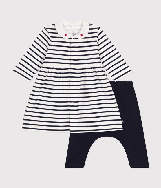 Babies' cotton dress and leggings MARSHMALLOW white/SMOKING blue