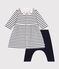 Babies' cotton dress and leggings MARSHMALLOW white/SMOKING blue
