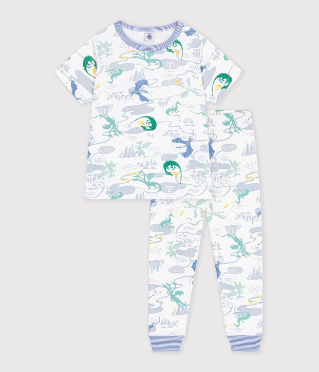Children's printed cotton pyjamas with short sleeves and long legs white/multicolor