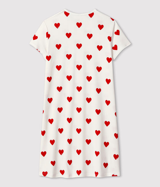 Girls' Heart Patterned Cotton Nightdress MARSHMALLOW white/TERKUIT red