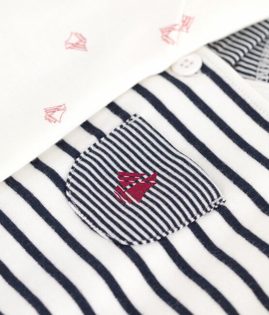 Babies' outfit with Breton striped dungarees and a printed body MARSHMALLOW white/SMOKING blue