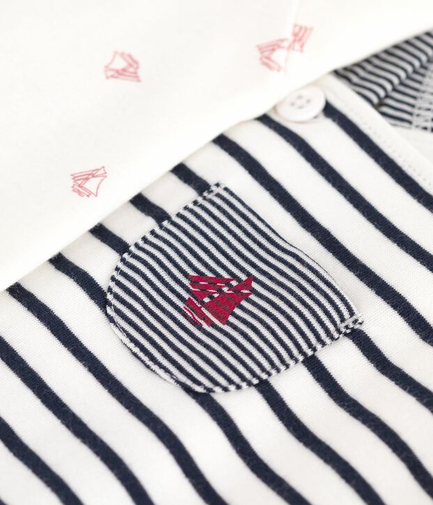 Babies' outfit with Breton striped dungarees and a printed body white/blue