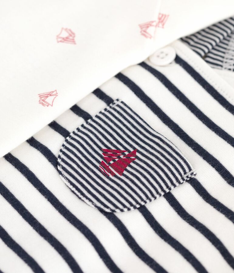Babies' outfit with Breton striped dungarees and a printed body white/blue