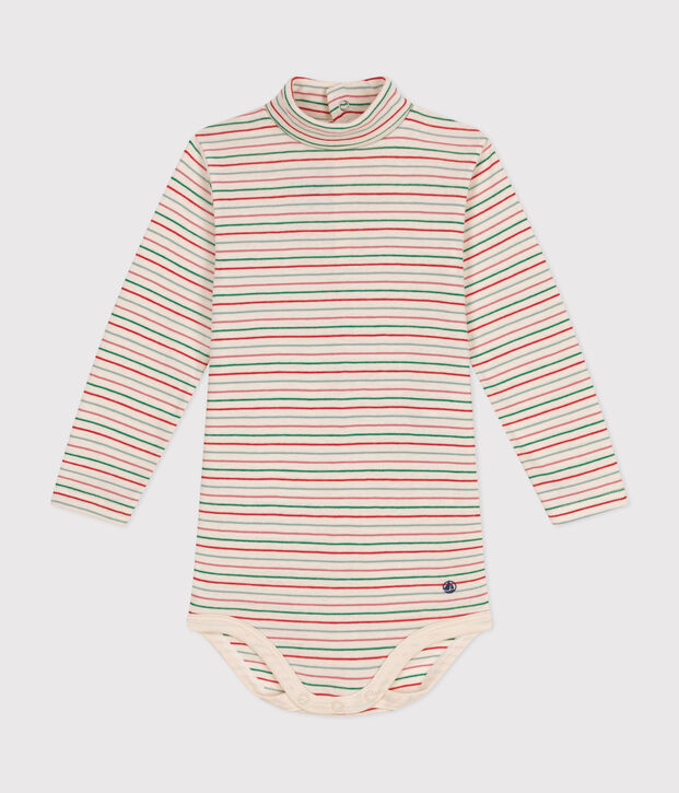 Babies' long-sleeved rollneck cotton bodysuit Ecru/multicolor