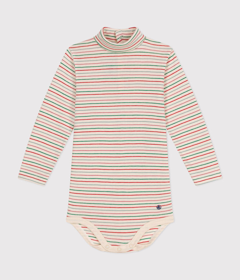 Babies' long-sleeved rollneck cotton bodysuit Ecru/multicolor