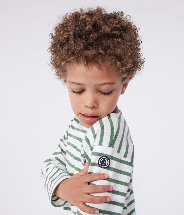 Children's unisex long-sleeved cotton Breton top white/green