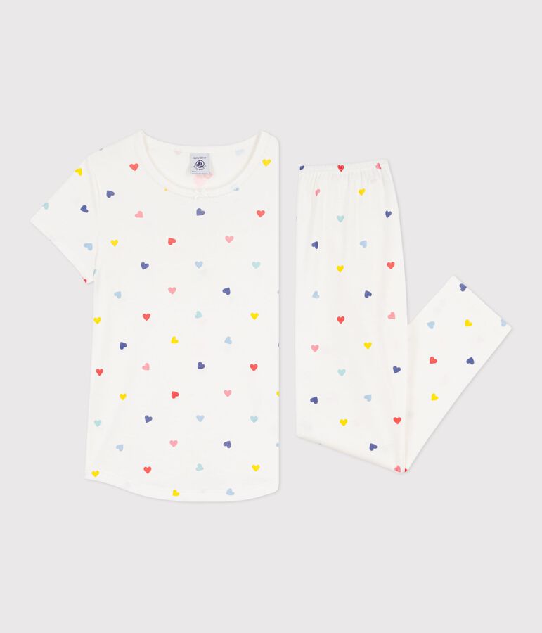 Children's short-sleeved long-leg heart patterned cotton pyjamas MARSHMALLOW white/MULTICO white