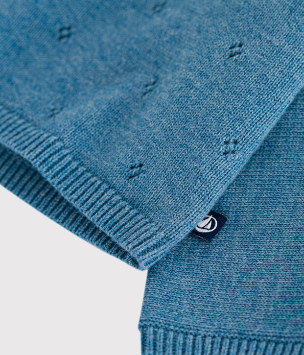 Babies' wool and cotton openwork knit wrapover top blue