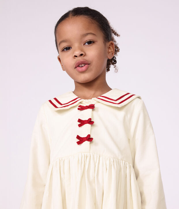 Children's long-sleeved dress in plain corduroy MILK