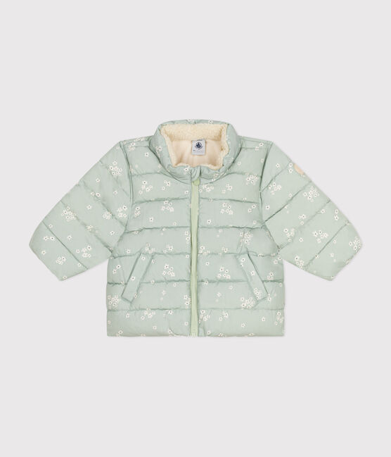 Babies' printed  puffer jacket with a retractable hood HERBIER green/MULTICO white
