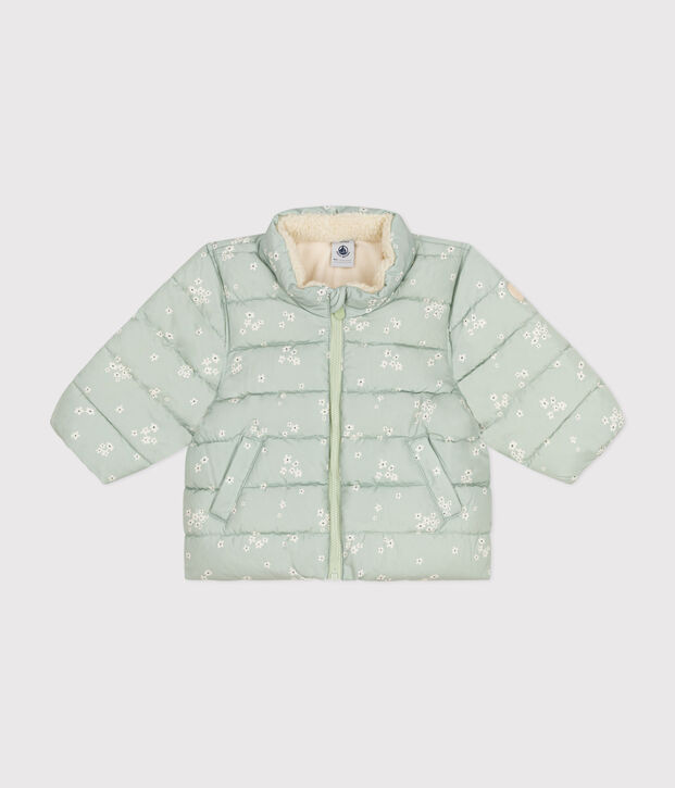 Babies' printed  puffer jacket with a retractable hood green/multicolor